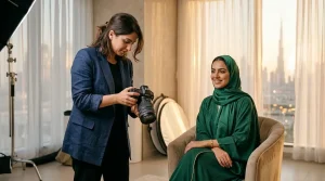 Female photographer with client in Dubai studio