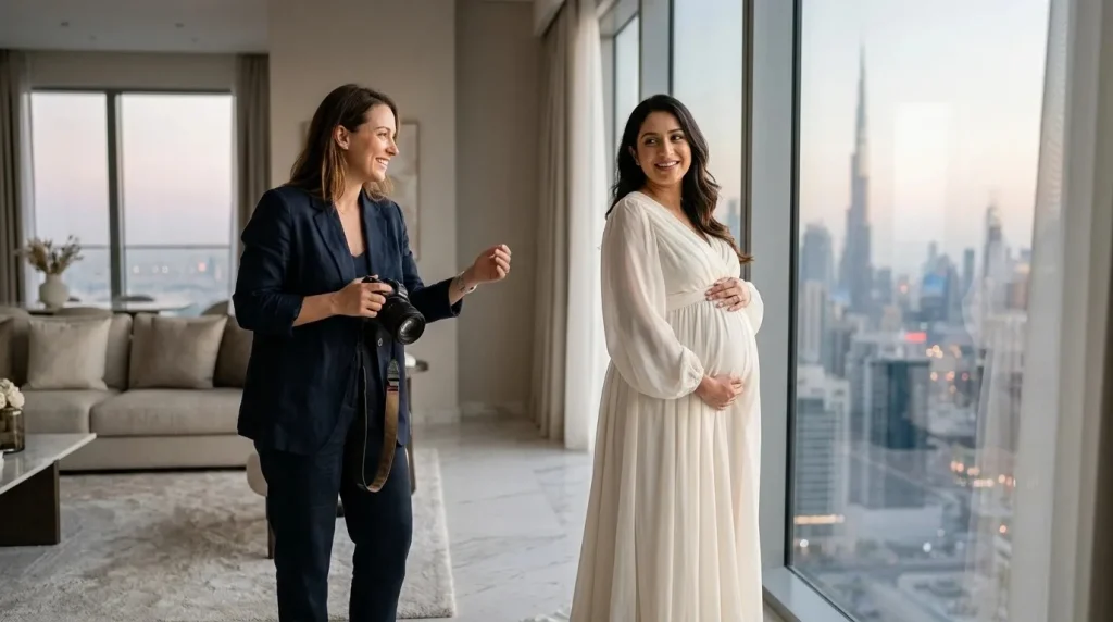 Lady photographer during maternity shoot in Dubai.