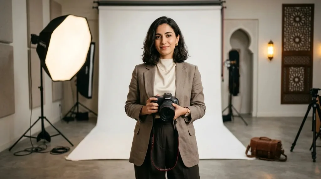 Professional female photographer in a studio