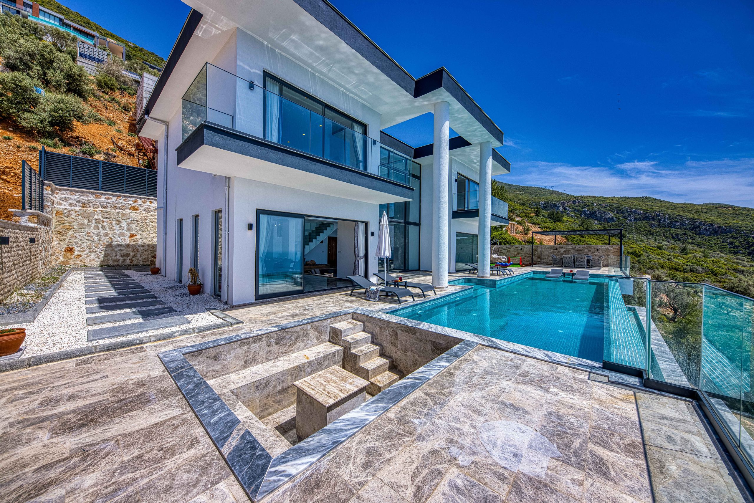 Modern luxury villa exterior with infinity pool, example of real estate photography property type
